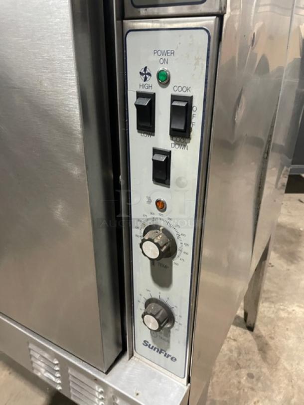 SunFire commercial stainless steel convection oven, model SCO-GS-10S. Features thermostatic controls, wired racks, and 120V 1 phase.