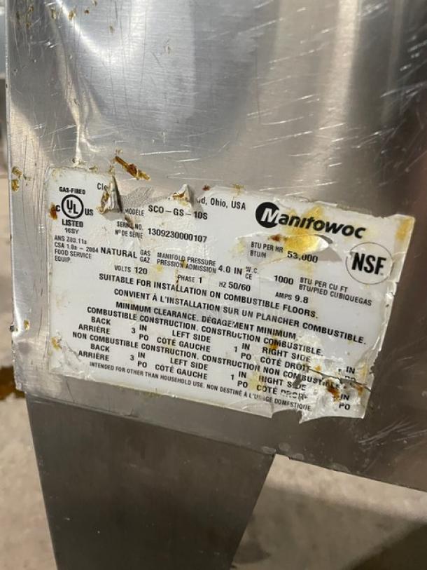 SunFire commercial stainless steel convection oven, Model SCO-GS-10S, natural gas, thermostatic controls, NSF certified tag.