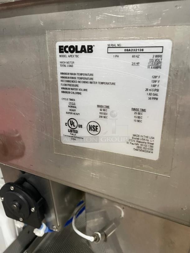 Ecolab Smartpower Series stainless steel dishwashing machine, model APEXTSC, 115V, single-phase. Features label with specs.