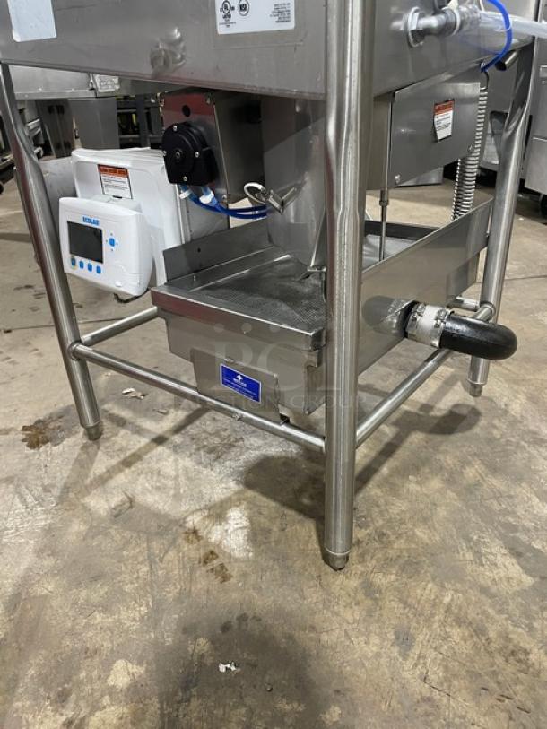 Ecolab Smartpower Series APEXTSC commercial warewashing system, stainless steel, electric-powered, single rack, 115V, on legs.