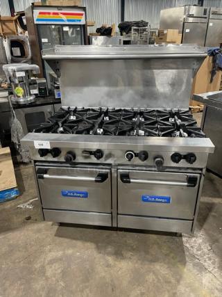 U.S. Range Commercial Stainless Steel 8-Burner Range/Double Oven Combo! With Back Splash 7 Overhead Salamander Shelf! With Wired Oven Rack! On Legs! - Item #1202683