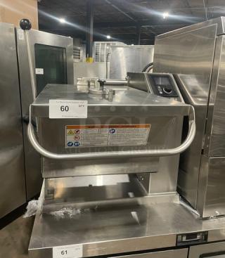 Cleveland Range stainless steel electric countertop braising pan, Ultra Tilt Skillet, with control panel and safety instructions.