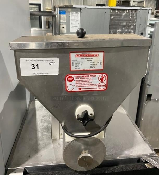 Attias stainless steel electric falafel maker; automatic countertop model with 115/220V, caution labels visible.
