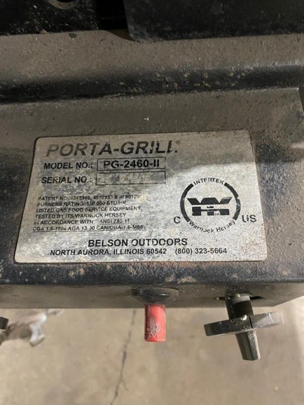 Porta-Grill PG-2460-II label, showing model and serial number. Belson Outdoors contact info and certification markings visible.