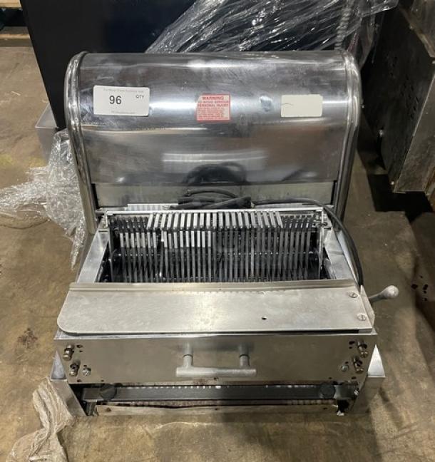 Berkel stainless steel electric bread slicer, 115V, 1 phase, countertop model. Visible wear, safety warnings, lot number 96.