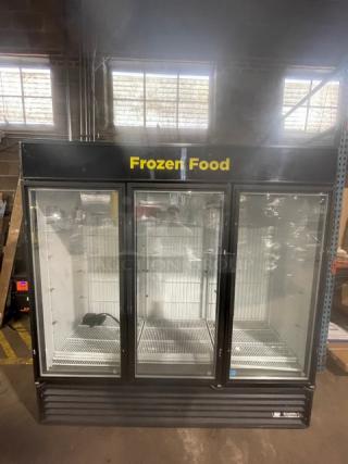 True Commercial Black Triple Glass Door Freezer, Model GDM-72F-LD, Energy Star certified, with poly coated wire racks.