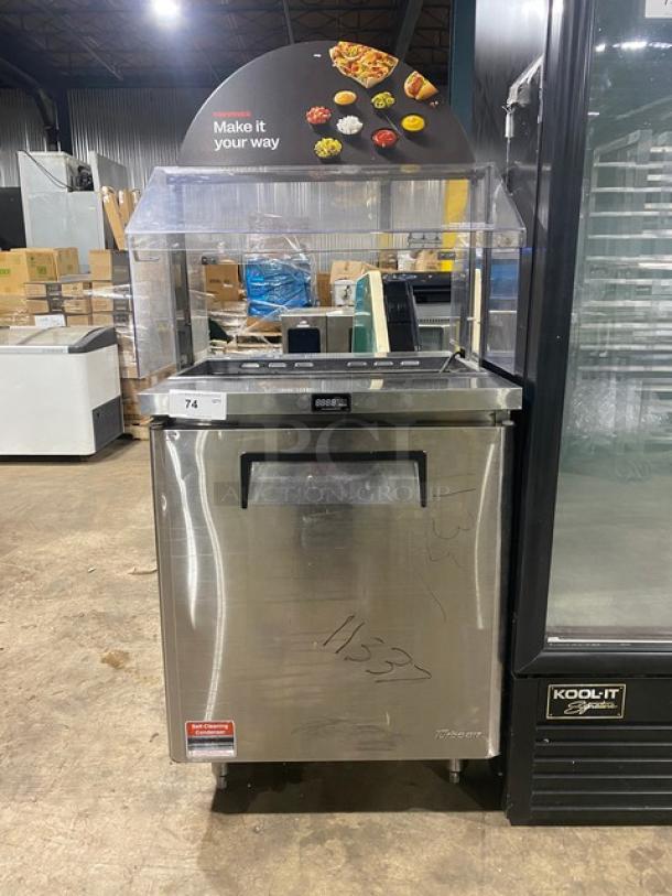 Turbo Air stainless steel refrigerated prep table, model MST-28-711S, with sneeze guard and poly-coated wire rack.