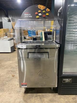 Turbo Air stainless steel refrigerated prep table, model MST-28-711S, with sneeze guard and poly-coated wire rack.