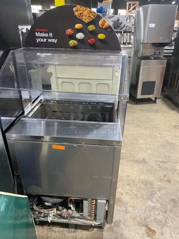 Turbo Air Commercial Stainless Steel Single Door Salad/Sandwich Prep Table, Model MST-28-711S, with sneeze guard and rack.