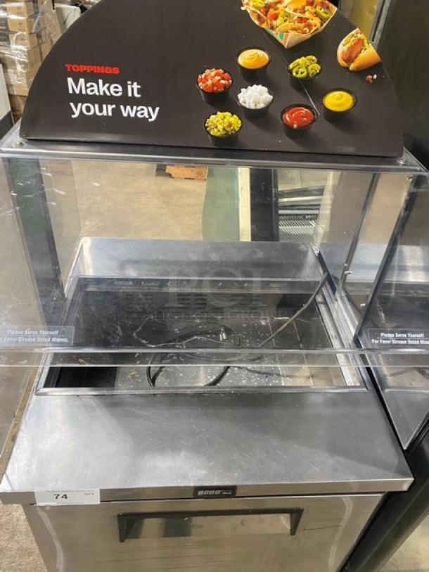 Turbo Air MST-28-711S stainless steel prep table with sneeze guard, poly-coated wire rack, 115V, good condition.