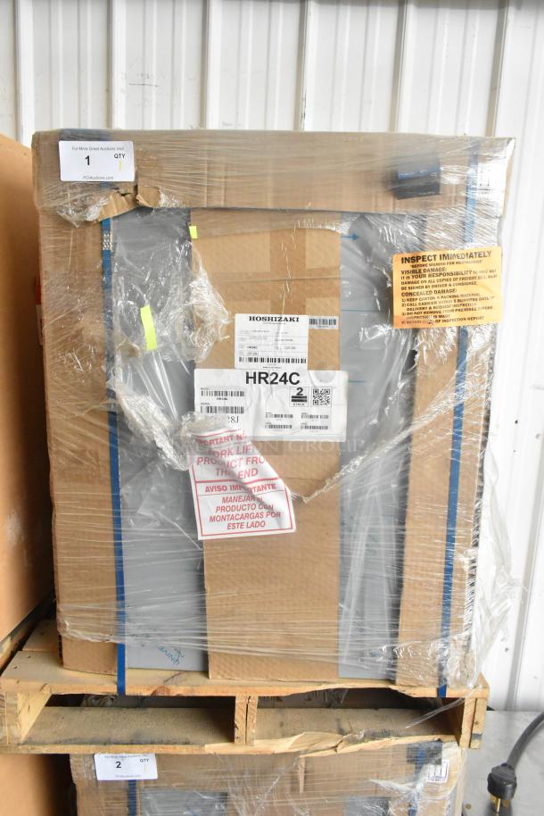 Brand new Hoshizaki HR24C stainless steel undercounter cooler, 115V, 1 phase, in original packaging with labels intact.