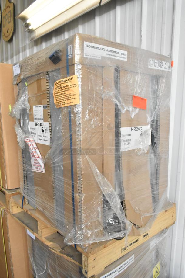 Brand new Hoshizaki HR24C stainless steel single door undercounter cooler, packaged on a pallet, 115 volts, 1 phase.