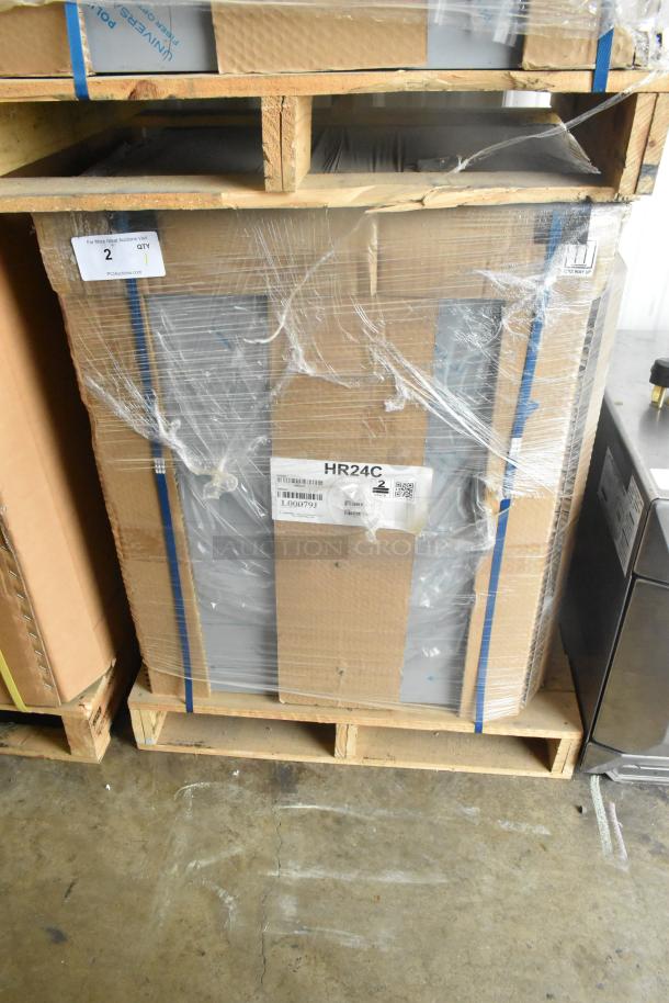 Brand new Hoshizaki HR24C stainless steel single door undercounter cooler, 115V, 1 phase, in original packaging.