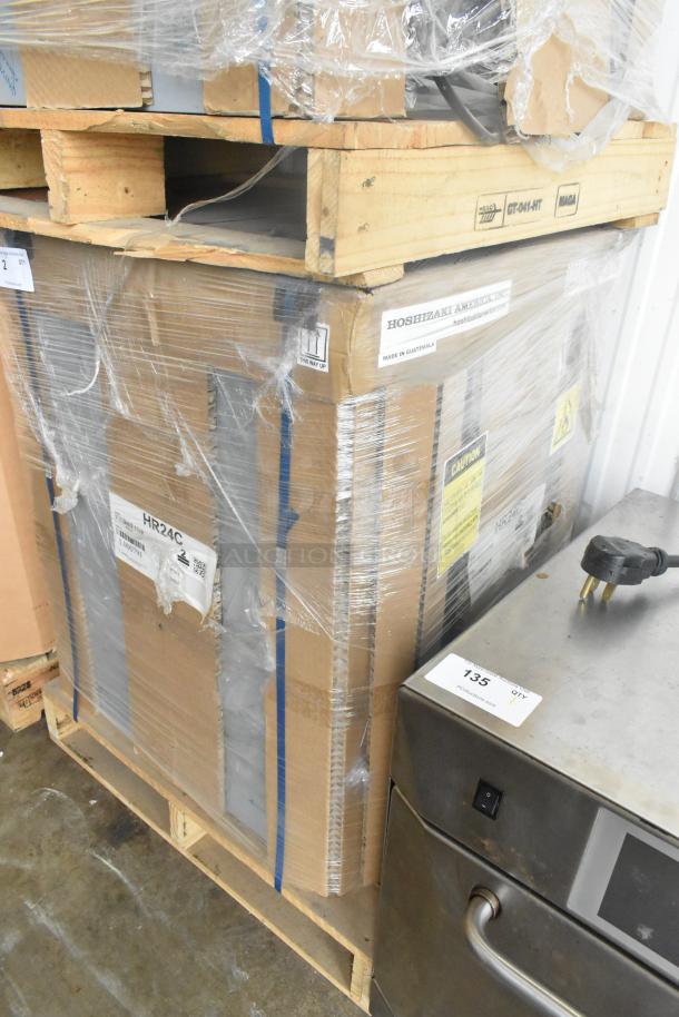 New Hoshizaki HR24C stainless steel undercounter cooler, commercial, single door, 115 volts, 1 phase, packaged on pallet.