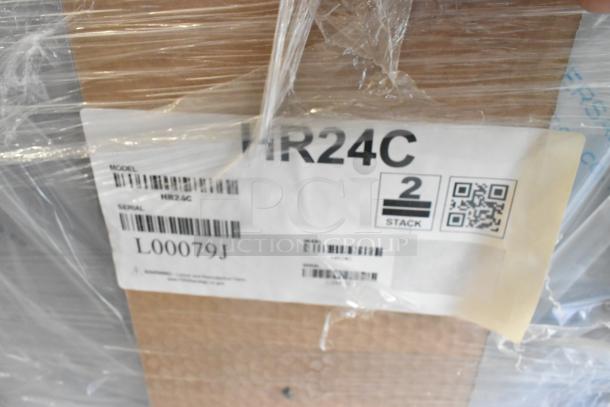 Brand new Hoshizaki HR24C stainless steel undercounter cooler, model HR24C. Tags show serial L00079J, 115V, 1 phase.