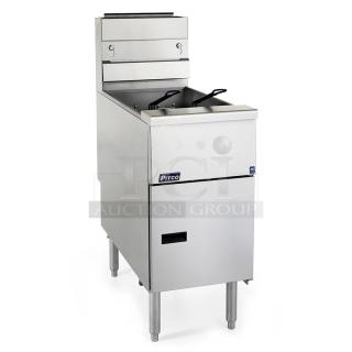 Brand new 2022 Pitco Frialator SG14 stainless steel deep fat fryer with 2 metal fry baskets, natural gas, 110,000 BTU.
