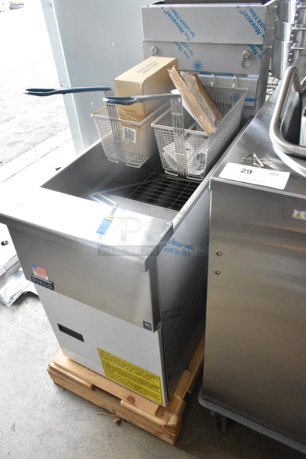 Brand new 2022 Pitco Frialator SG14 stainless steel natural gas fryer, 110,000 BTU, with 2 metal fry baskets.