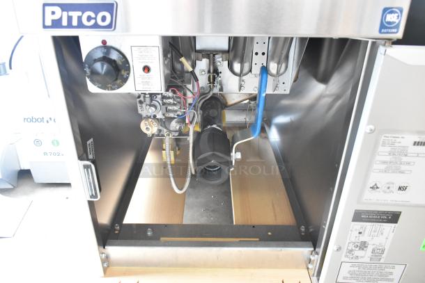 BRAND NEW Pitco Frialator SG14 stainless steel commercial deep fryer, natural gas, 110,000 BTU, with control panel and labels.