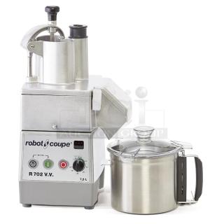 Brand new Robot Coupe R702V.V commercial food processor, metal design with bowl, continuous feed, grater, and slicer.