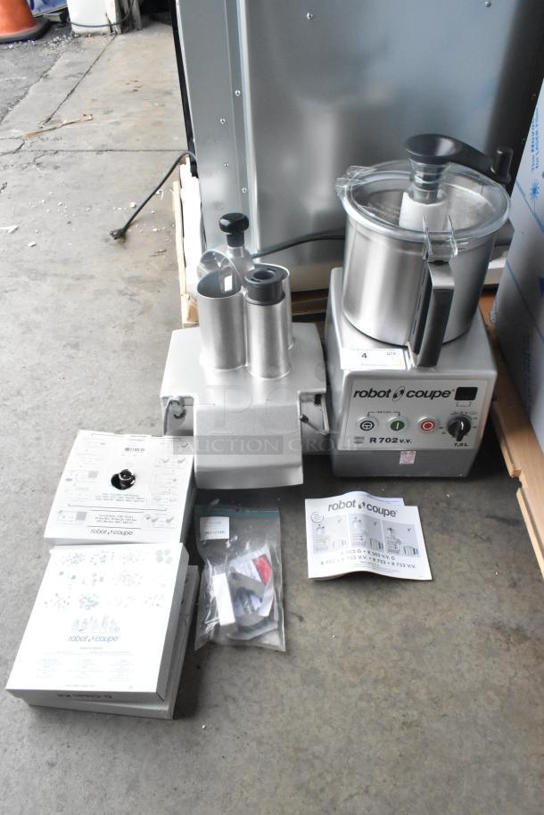 Brand new Robot Coupe R702V.V food processor with bowl, continuous feed head, grater, slicer, and kit. 120V, 1 phase.