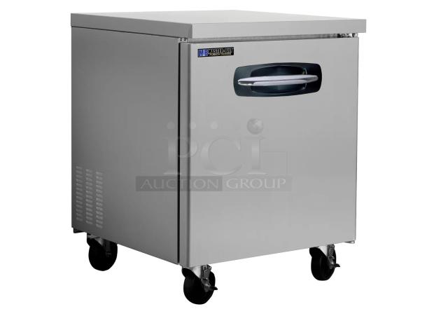 Brand new Master-Bilt UF27 stainless steel commercial undercounter freezer, single door, on casters, 115 volts, 1 phase.