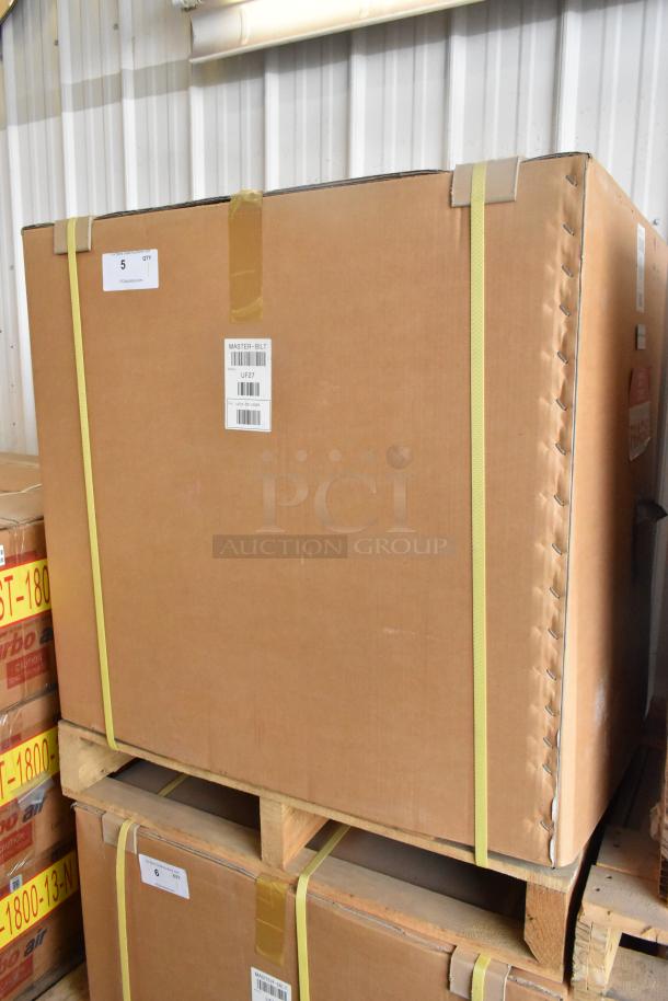 Brand new Master-Bilt UF27 undercounter freezer, in sealed box on pallet, model and barcode visible. 115V, 1 Phase.
