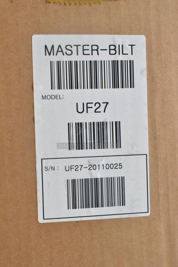 Barcode and label on box for Master-Bilt UF27 new stainless steel commercial undercounter freezer, 115V, 1 phase.