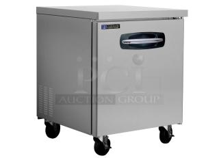 BRAND NEW Master-Bilt UF27 stainless steel undercounter freezer, single door, 115 volts, 1 phase, on wheels.