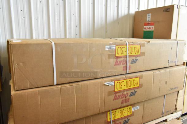 Brand new Turbo Air CTST-1800-13-N stainless steel commercial countertop refrigerated rail in sealed packaging.
