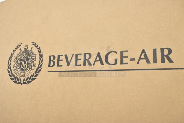 Brand new Beverage Air BB48HC-1-F-S-27 stainless steel cooler packaging, showcasing logo and crest design.