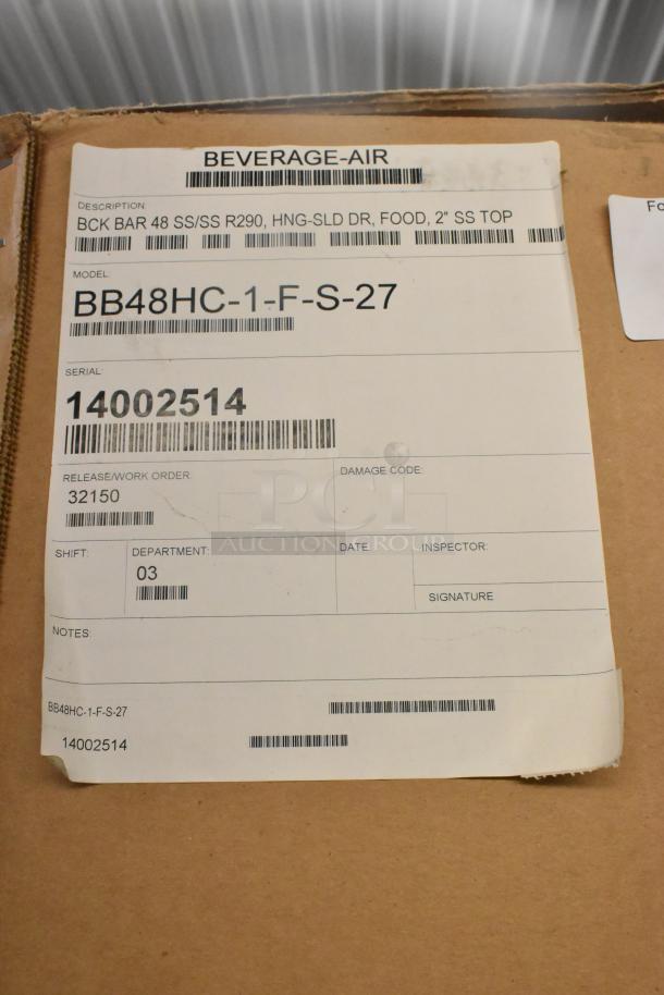 Label for Beverage Air BB48HC-1-F-S-27 undercounter cooler, new, model and serial details visible.