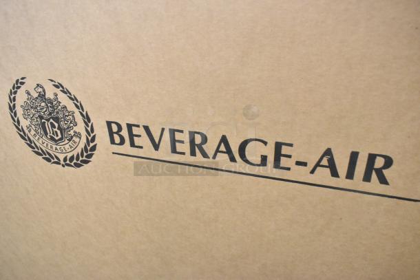 Alt text: "Beverage Air BB48HC-1-F-S-27 box with logo, model: Stainless Steel 2 Door Undercounter Cooler, 115 Volts."