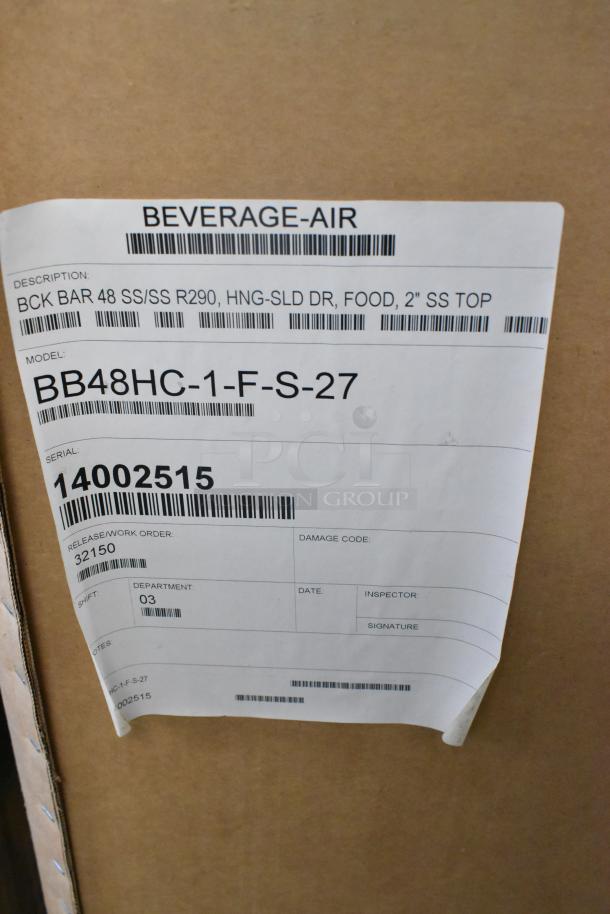 BRAND NEW Beverage Air BB48HC-1-F-S-27 stainless steel commercial cooler label, model and serial details visible.