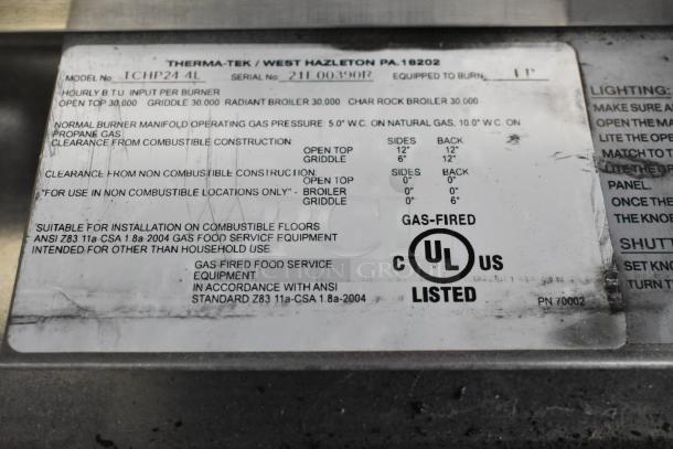 Therma-Tek TCHP24-4L label showing specifications: 4 burner, propane gas, 30,000 BTU, commercial use. UL listed.