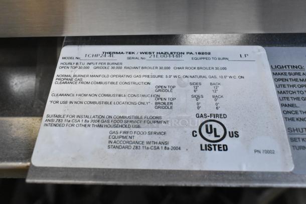 Brand new Therma-Tek TCHP24-4L stainless steel 4-burner propane range, 30,000 BTU, UL listed for commercial use.
