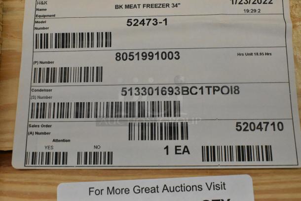BRAND NEW 2022 BKI 52473-1 Stainless Steel Commercial Freezer, 115V, 1 Phase, on casters. Model and serial tags visible.