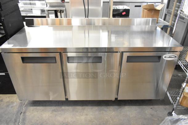 Stainless steel KoolMore RWT-3D-16C commercial 3-door cooler; missing one caster, new condition, 115V, 1 phase.