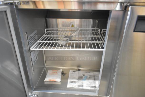BRAND NEW 2023 KoolMore RWT-3D-16C Stainless Steel 3-Door Work Top Cooler, commercial casters, missing one caster, 115V, 1 Phase.