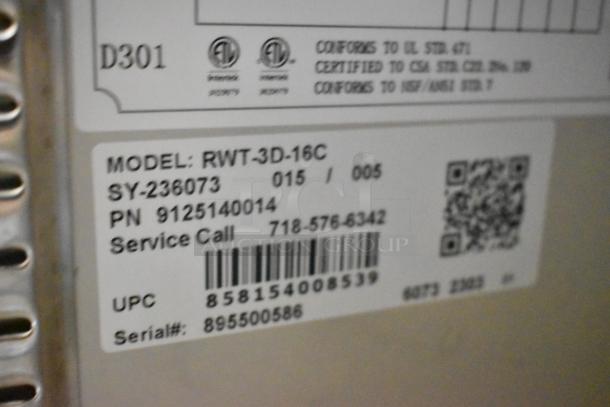 Stainless steel KoolMore RWT-3D-16C cooler label. Shows model, serial number, UPC code, and certification markings.