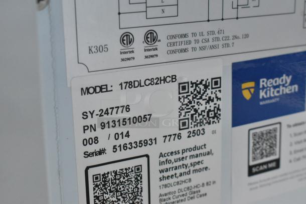 "Avantco 178DLC82HCB label, model number, QR code for product info and warranty details for 82-inch refrigerated deli case."