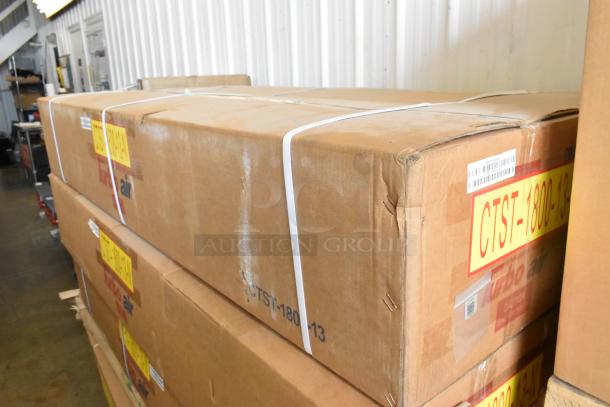Brand new Turbo Air CTST-1800-13-N stainless steel refrigerated rail in sealed box. 115 volts, 1 phase. Model visible on label.