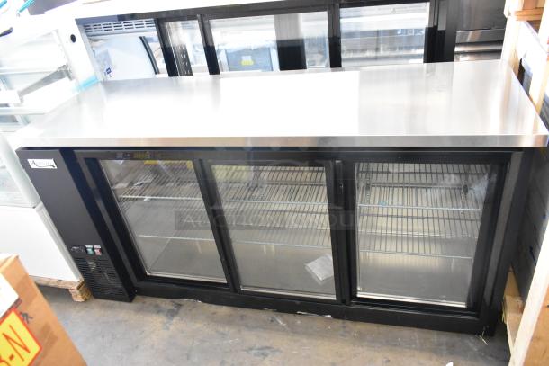BRAND NEW 2025 Avantco 178UBB72SHC 73" Black Bar Fridge with sliding glass doors and LED lighting, minor scratches.