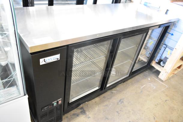 Brand new Avantco 178UBB72SHC 73" black counter height back bar refrigerator. LED lighting, sliding glass doors. Scratch and dent.