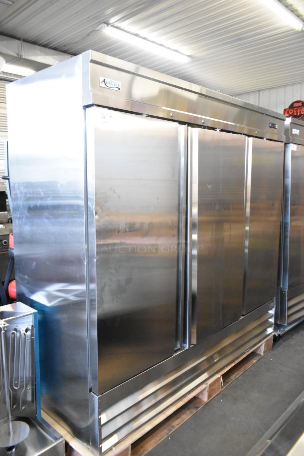 BRAND NEW Avantco 178SS3FHC commercial 3-door stainless steel reach-in freezer, scratches and dents, poly-coated racks.