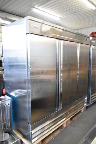 BRAND NEW Avantco 178SS3FHC commercial 3-door stainless steel reach-in freezer, scratches and dents, poly-coated racks.