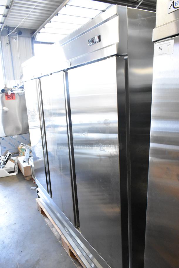 Brand new Avantco 178SS3FHC stainless steel 3-door commercial freezer with poly coated racks, 115V, 1 Phase.
