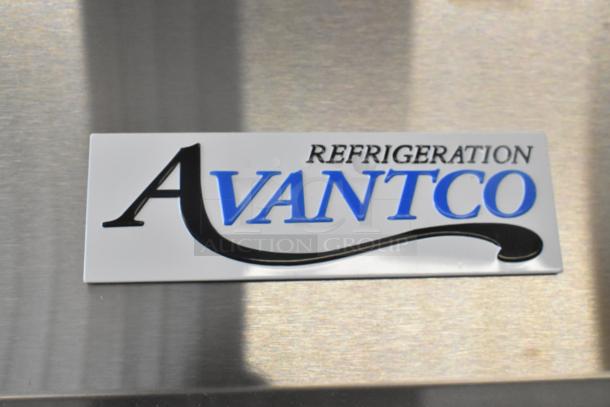 Alt text: "Avantco 178SS3FHC stainless steel commercial freezer label, new condition, 115V, 1-phase, 3-door with poly-coated racks."