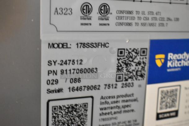 Alt text: "Label on Avantco 178SS3FHC 3 Door Commercial Freezer, showing model and serial numbers, certifications, and QR codes."