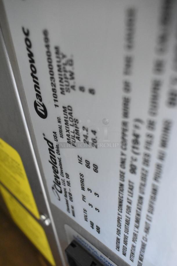 Cleveland OEB-10.10 stainless steel combi convection oven label showing electrical specs and brand info. New condition.