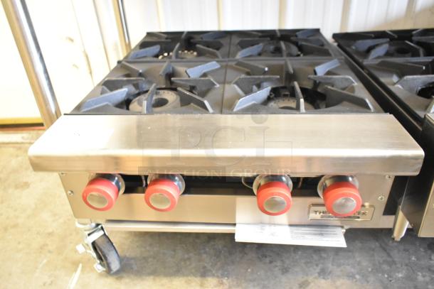 Brand new Therma-Tek TCHP24-4L stainless steel 4-burner propane gas range, 30,000 BTU, commercial countertop model.